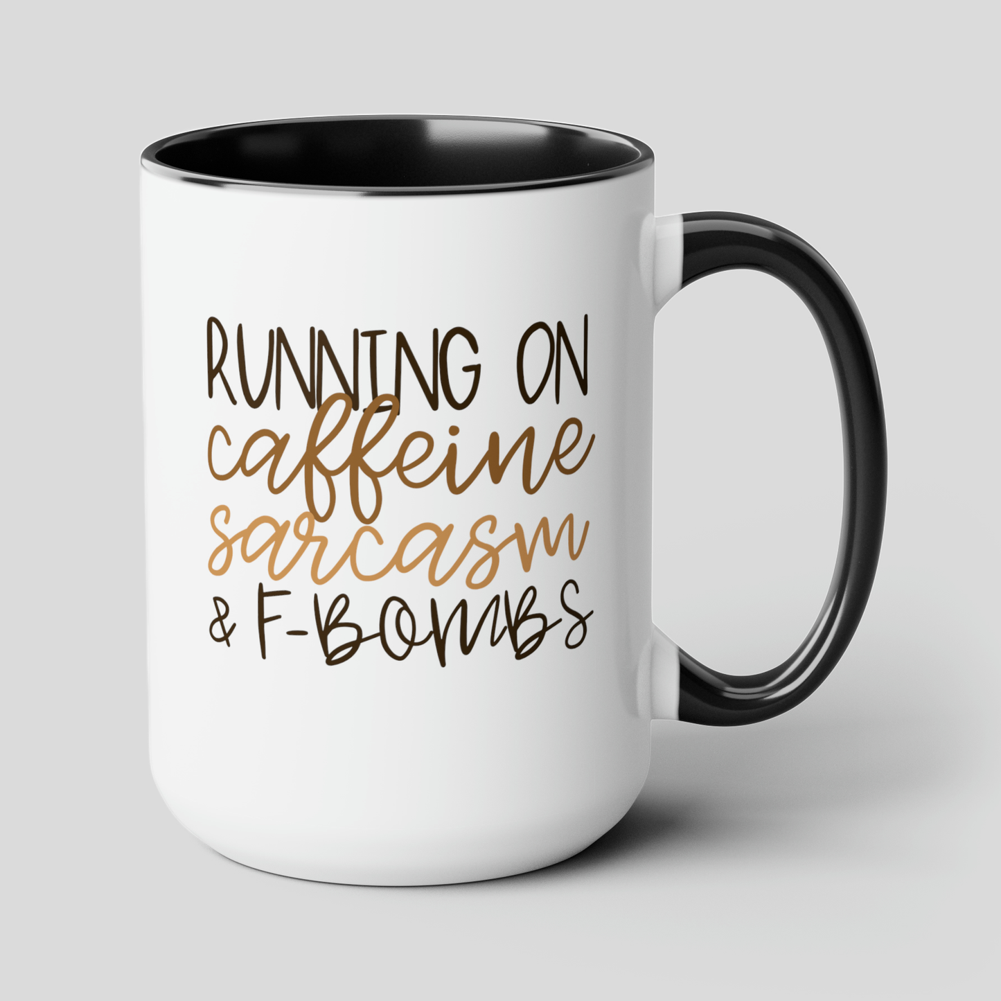 Running On Caffeine Sarcasm and F-Bombs 15oz white with black accent funny large coffee mug gift for friend sarcastic cuss word curse coffee lover waveywares wavey wares wavywares wavy wares cover