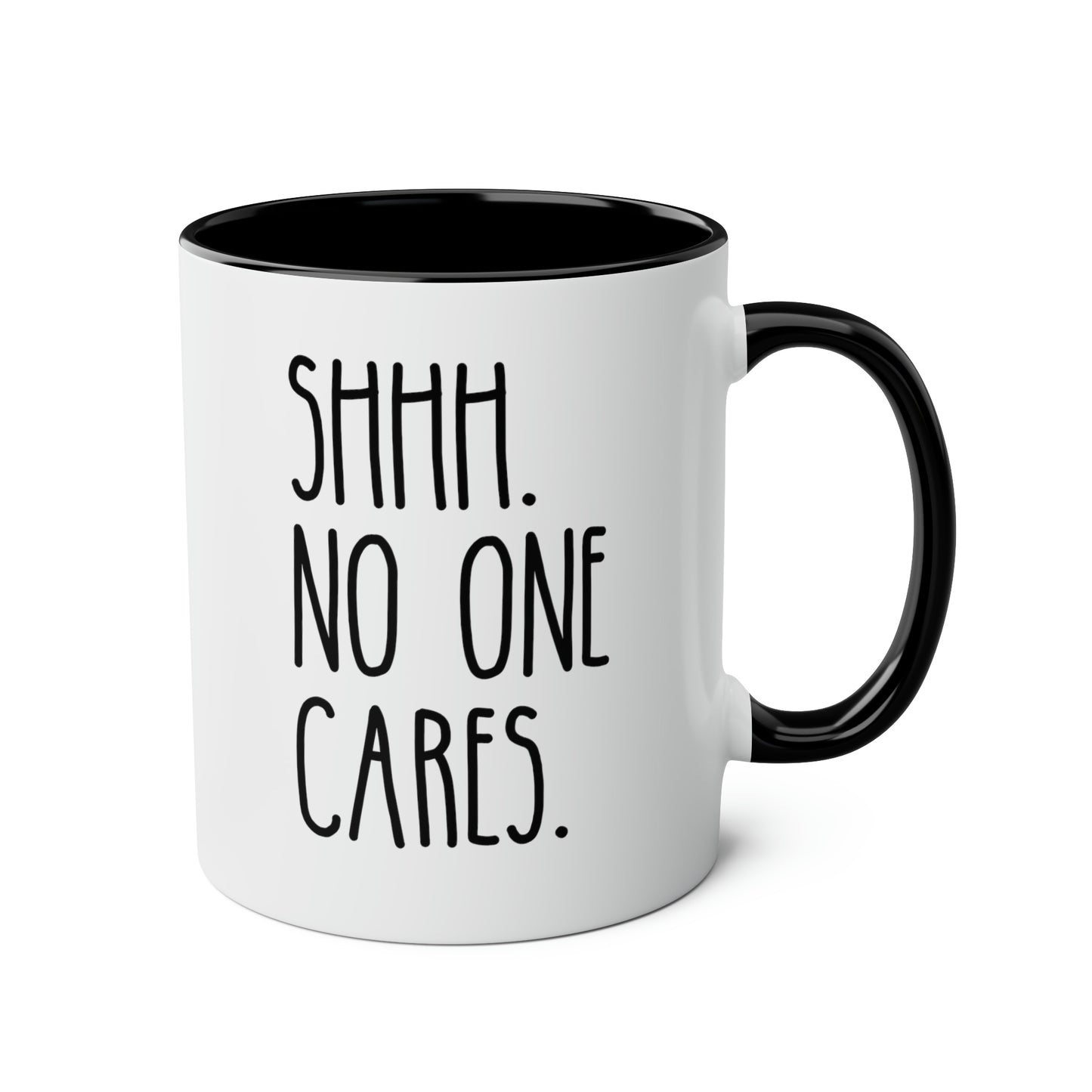 Shhh No One Cares 11oz white with black accent funny large coffee mug gift for introvert humor sarcastic sarcasm quote sassy rude her social waveywares wavey wares wavywares wavy wares