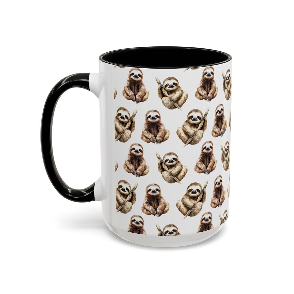 Cute Sloth Watercolor Pattern 15oz white with black accent funny large coffee mug gift for lazy friend animal lover slothy meme birthday secret santa Christmas waveywares wavey wares wavywares wavy wares