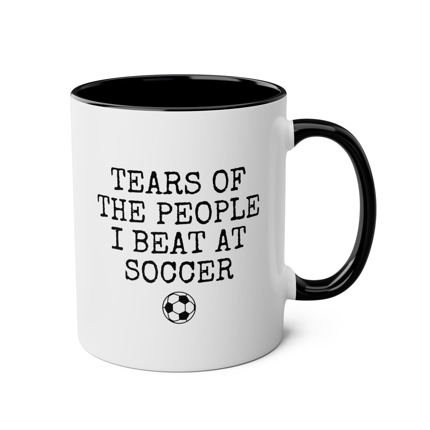 Tears of The People I Beat at Soccer 11oz white with black accent funny large coffee mug gift for player coach sports fan athlete UK football champion birthday Christmas occasion waveywares wavey wares wavywares wavy wares