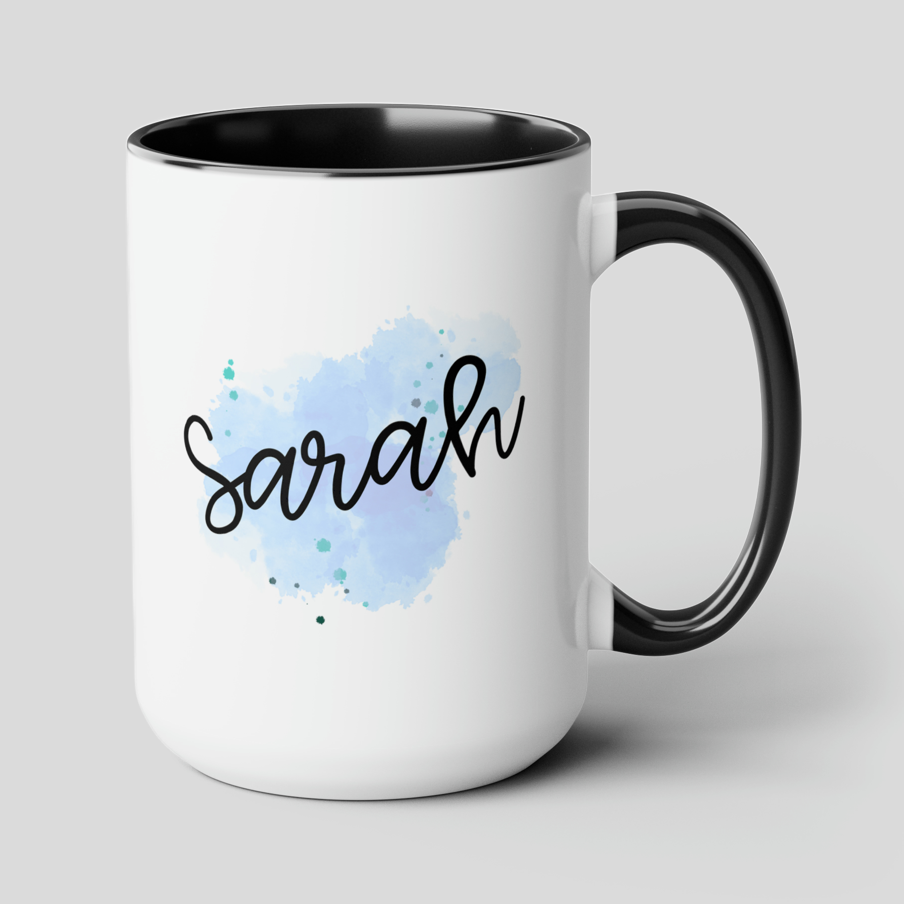Watercolor Name 15oz white with black accent funny large coffee mug gift for coworker friend blue personalize name customize waveywares wavey wares wavywares wavy wares cover