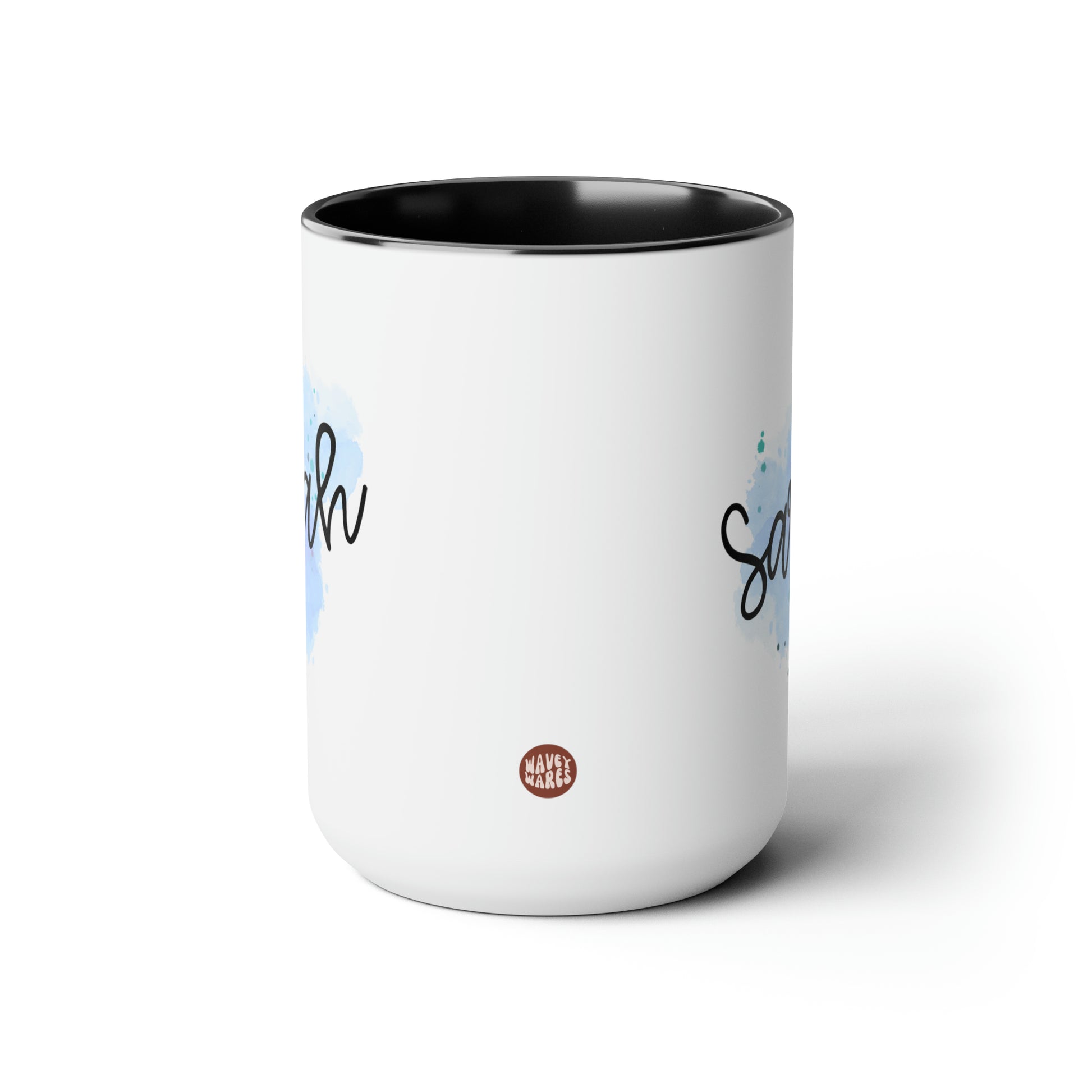 Watercolor Name 15oz white with black accent funny large coffee mug gift for coworker friend blue personalize name customize waveywares wavey wares wavywares wavy wares side