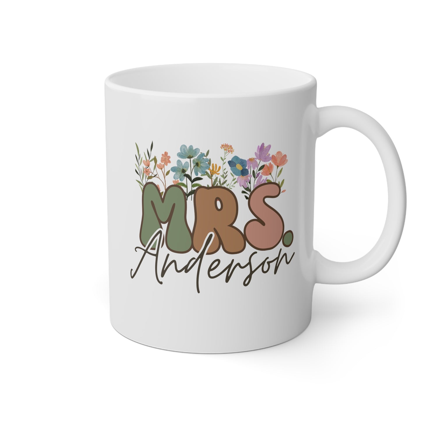 Wildflowers Mrs 11oz white funny large coffee mug gift for bride to be wedding bridal shower present custom name personalize customize waveywares wavey wares wavywares wavy wares
