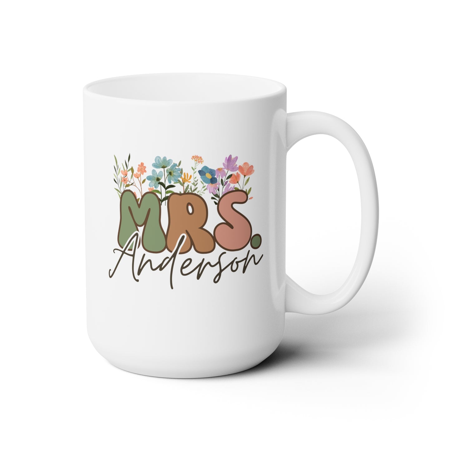 Wildflowers Mrs 15oz white funny large coffee mug gift for bride to be wedding bridal shower present custom name personalize customize waveywares wavey wares wavywares wavy wares
