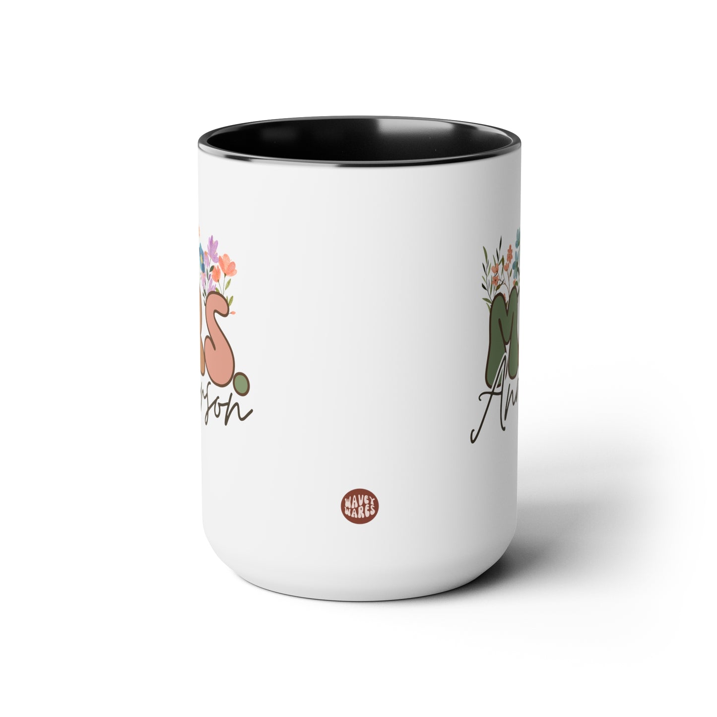 Wildflowers Mrs 15oz white with black accent funny large coffee mug gift for bride to be wedding bridal shower present custom name personalize customize waveywares wavey wares wavywares wavy wares side