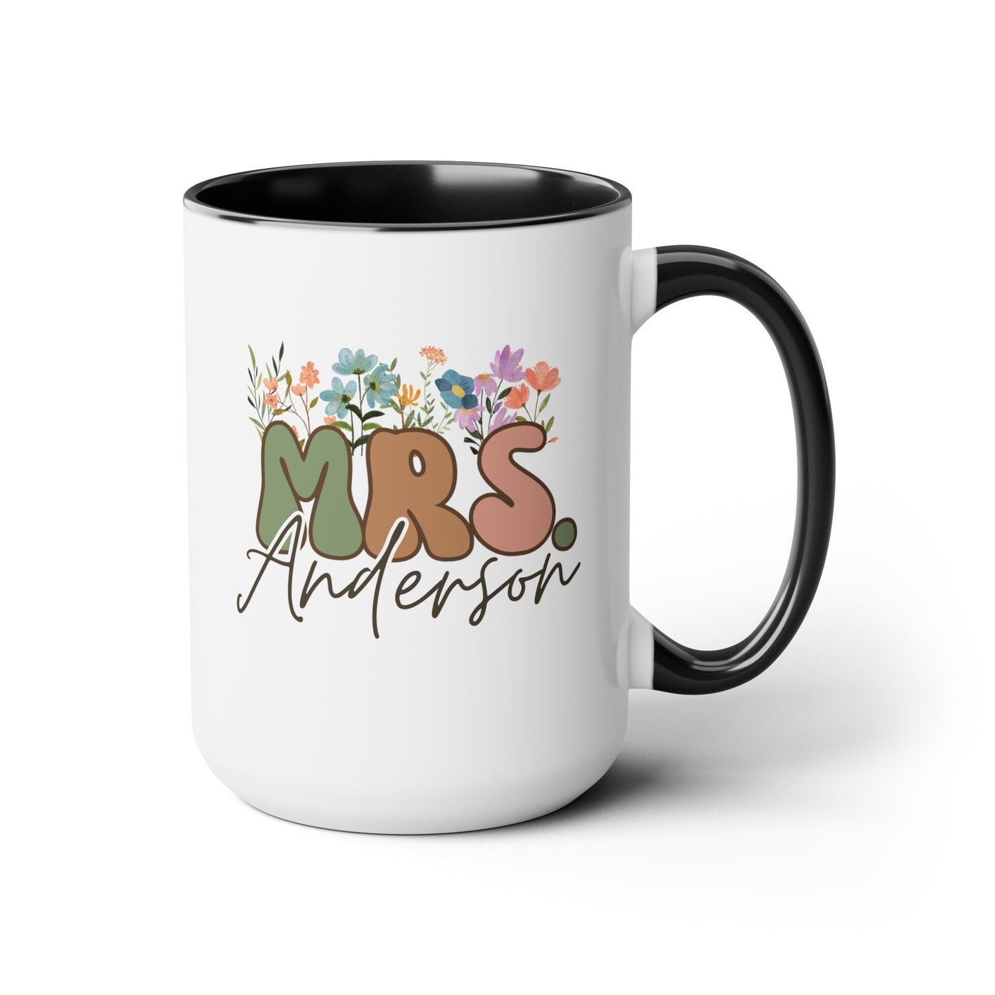Wildflowers Mrs 15oz white with black accent funny large coffee mug gift for bride to be wedding bridal shower present custom name personalize customize waveywares wavey wares wavywares wavy wares