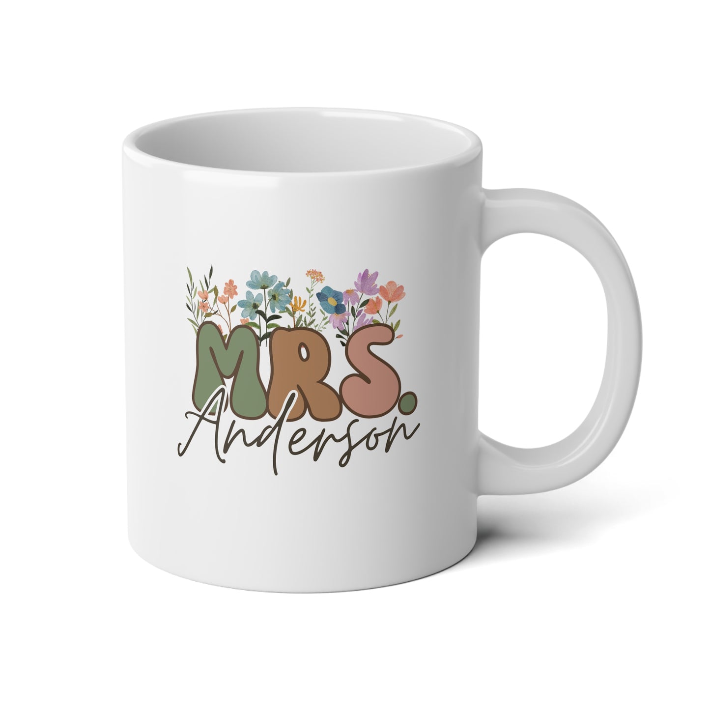 Wildflowers Mrs 20oz white funny large coffee mug gift for bride to be wedding bridal shower present custom name personalize customize wavey wares wavywares wavy wares