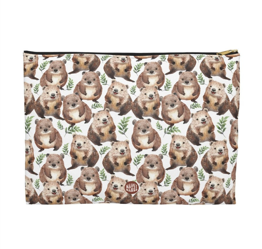 Cute Wombats Pattern Flat white makeup zip bag gift for Wombats  Lover fan small furry animal enthusiast kids adorable aesthetic birthday secret santa Christmas travel toiletry drugs storage case accessory pouch cosmetic pencil waveywares wavey wares wavywares wavy wares