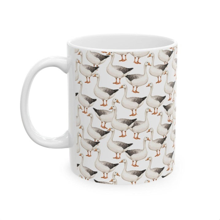Cute Geese Watercolor Pattern 11oz white funny large coffee mug gift for goose lover silly meme friend ducks swans honk animal bird aesthetic birthday secret santa Christmas waveywares wavey wares wavywares wavy wares