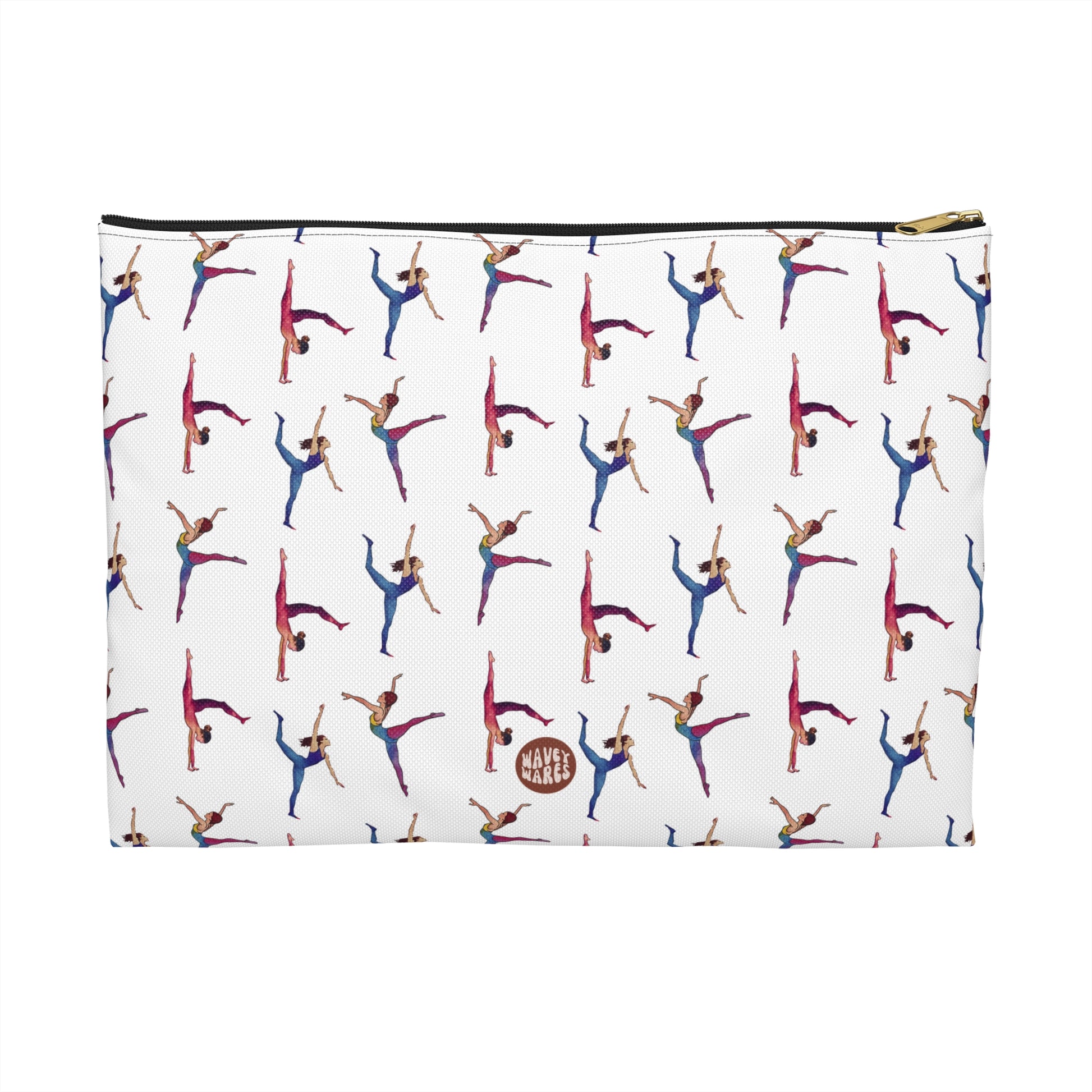 Cute Gymnastics Pattern flat white makeup zip bag gift for gymnasts enthusiast sports lover athlete physical exercise flexibility artistry rhythmic aesthetic birthday secret santa Christmas toiletry cosmetic drugs storage case accessory pouch travel pencil waveywares wavey wares wavywares wavy wares