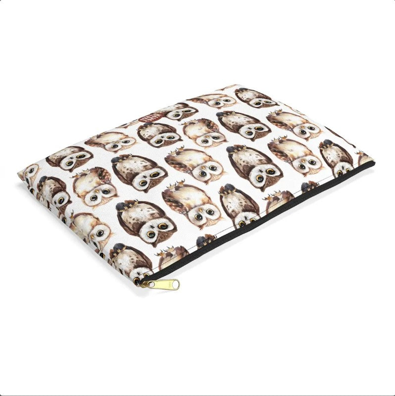 Cute Owls Pattern flat lay white cosmetic zip bag gift for night bird enthusiast animal lover secret santa birthday Christmas makeup travel drugs storage case accessory pouch Toiletry pencil waveywares wavey wares wavywares wavy wares