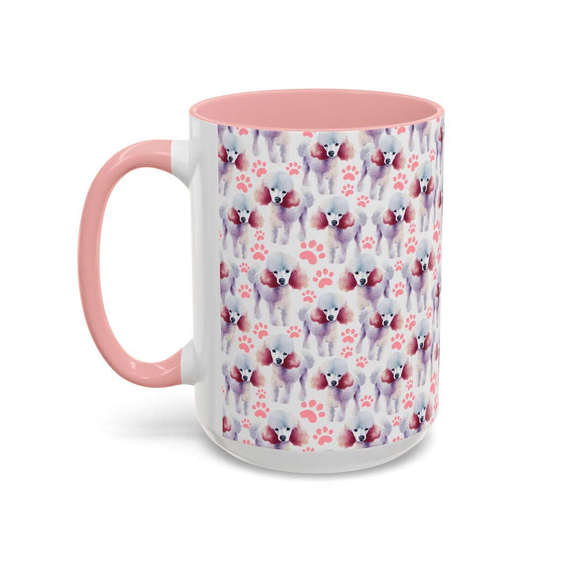 Cute Poodles Watercolor Pattern 15oz white with pink accent funny large coffee mug gift for dog lover mom dad best friend her fluffy animal aesthetic birthday secret santa Christmas waveywares wavey wares wavywares wavy wares