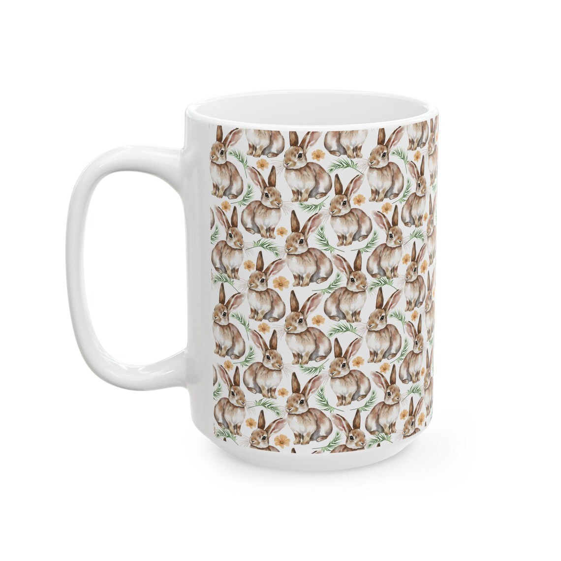Cute Rabbits Watercolor Pattern 15oz white funny large coffee mug gift for hare lover owner easter bunny furparent pet animal aesthetic birthday secret santa Christmas waveywares wavey wares wavywares wavy wares