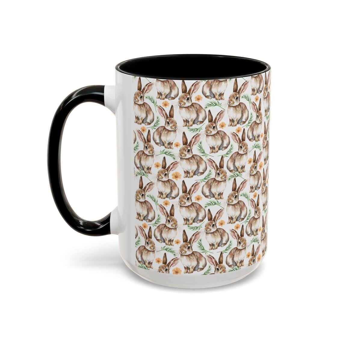 Cute Rabbits Watercolor Pattern 15oz white with black accent funny large coffee mug gift for hare lover owner easter bunny furparent pet animal aesthetic birthday secret santa Christmas waveywares wavey wares wavywares wavy wares