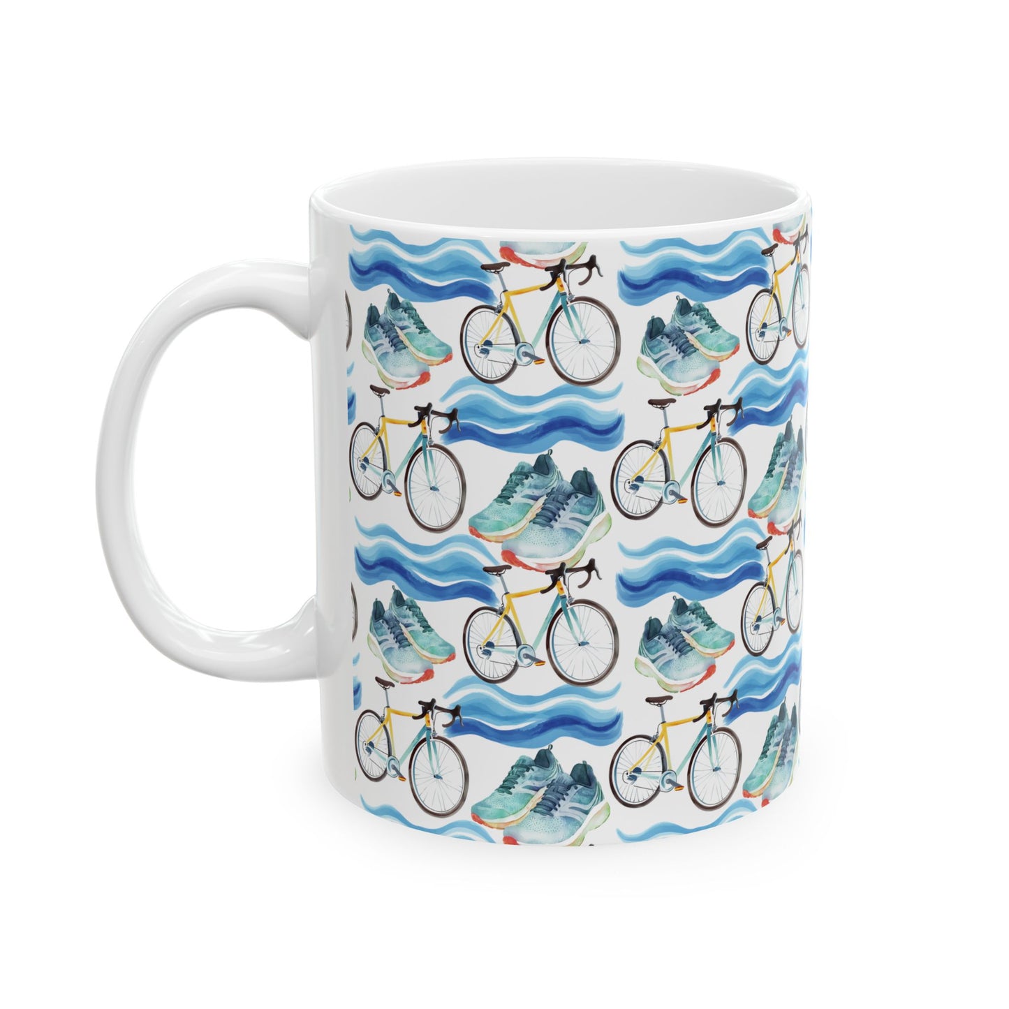 Cute Triathlon Watercolor Pattern 11oz white funny large coffee mug gift for triathlete enthusiast lover endurance multisport race swimming cycling running sporty aesthetic birthday secret santa Christmas waveywares wavey wares wavywares wavy wares