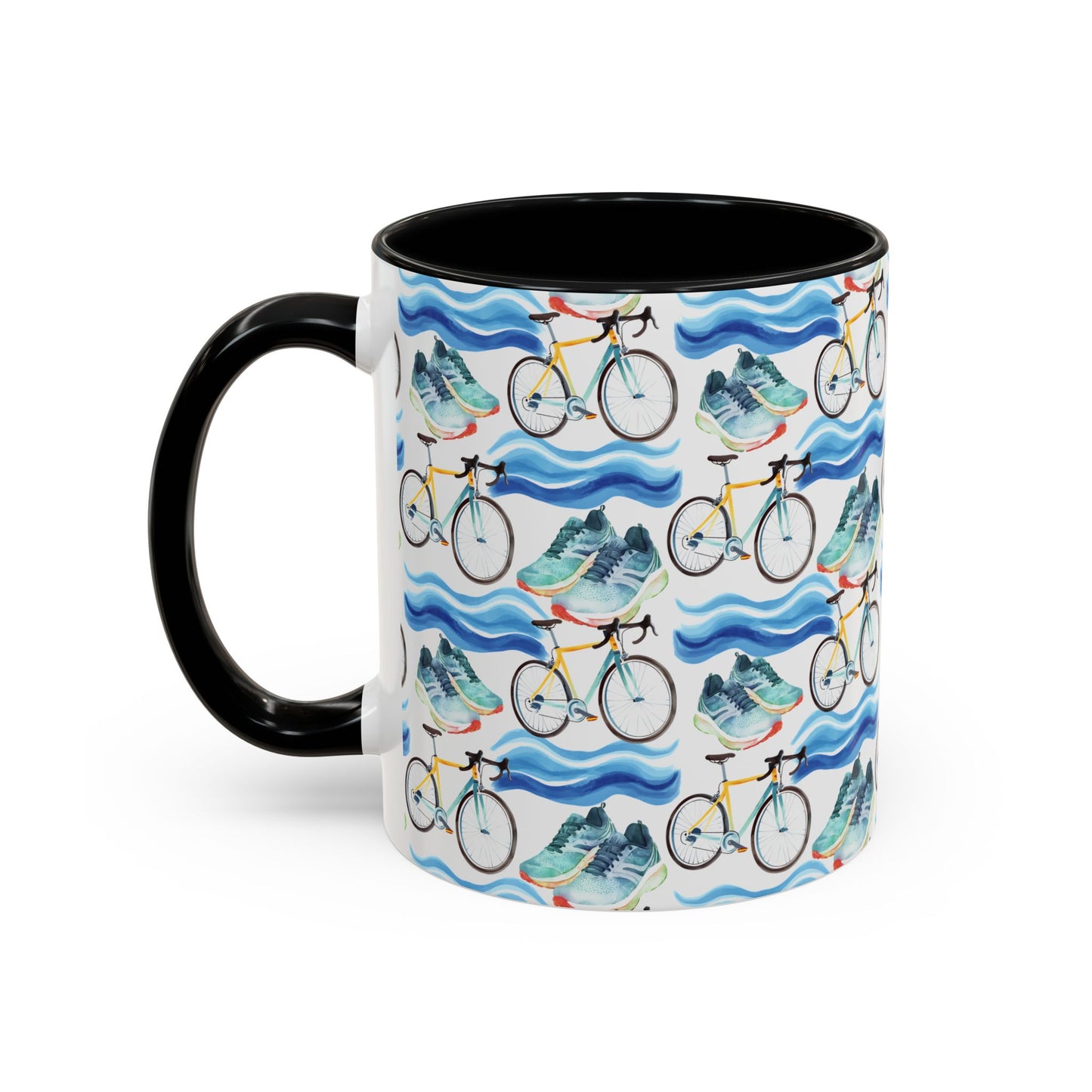 Cute Triathlon Watercolor Pattern 11oz white with black accent funny large coffee mug gift for triathlete enthusiast lover endurance multisport race swimming cycling running sporty aesthetic birthday secret santa Christmas waveywares wavey wares wavywares wavy wares