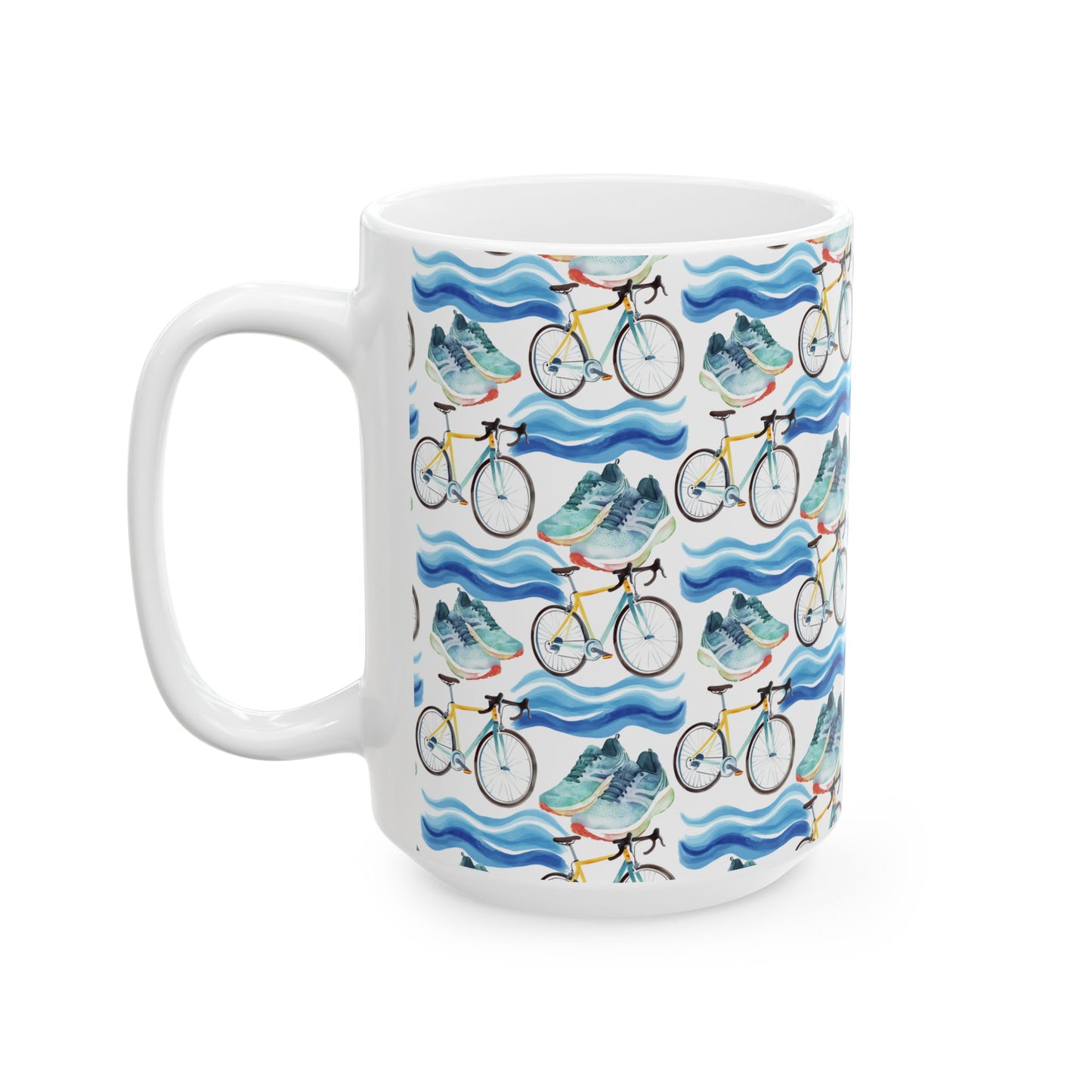 Cute Triathlon Watercolor Pattern 15oz white funny large coffee mug gift for triathlete enthusiast lover endurance multisport race swimming cycling running sporty aesthetic birthday secret santa Christmas waveywares wavey wares wavywares wavy wares