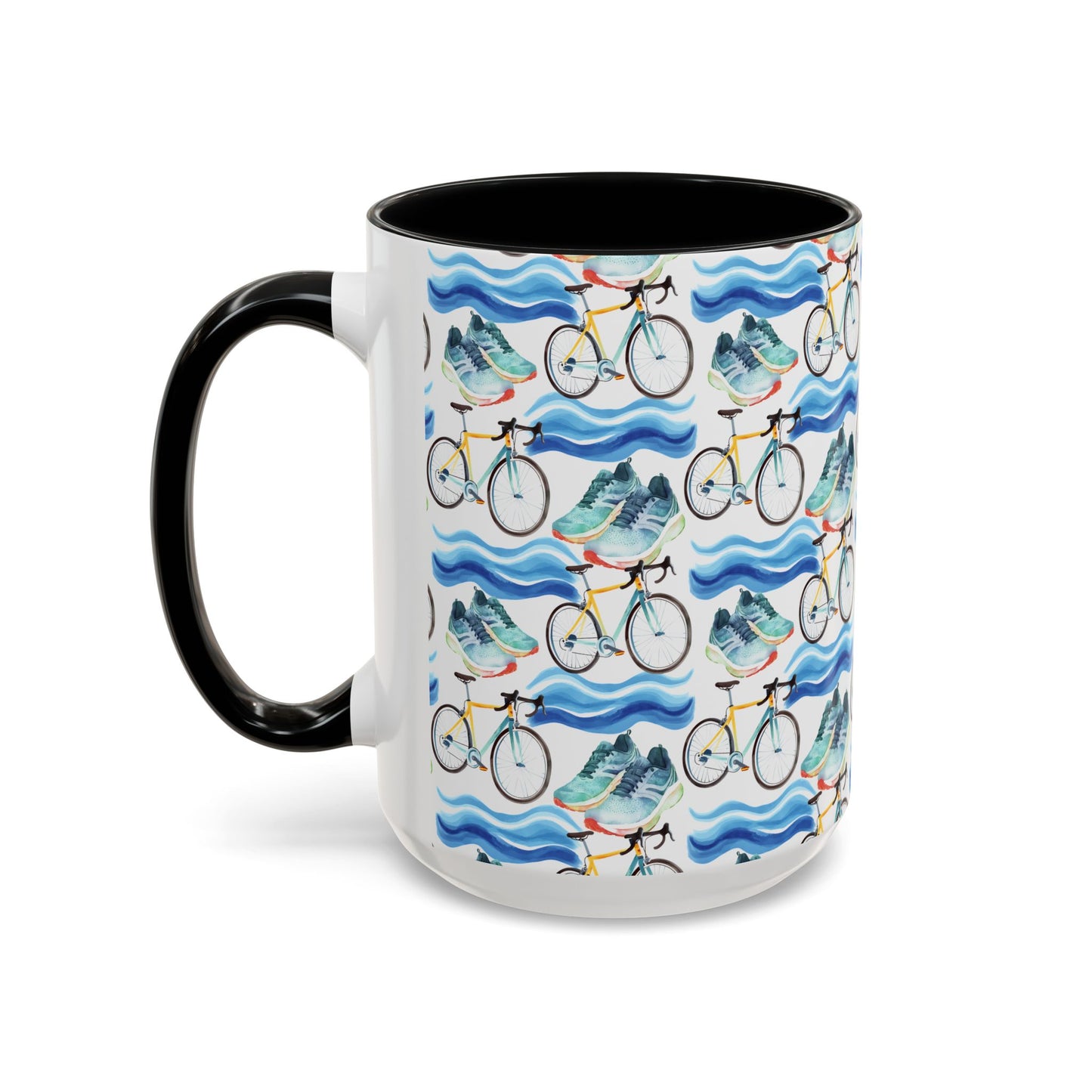 Cute Triathlon Watercolor Pattern 15oz white with black accent funny large coffee mug gift for triathlete enthusiast lover endurance multisport race swimming cycling running sporty aesthetic birthday secret santa Christmas waveywares wavey wares wavywares wavy wares