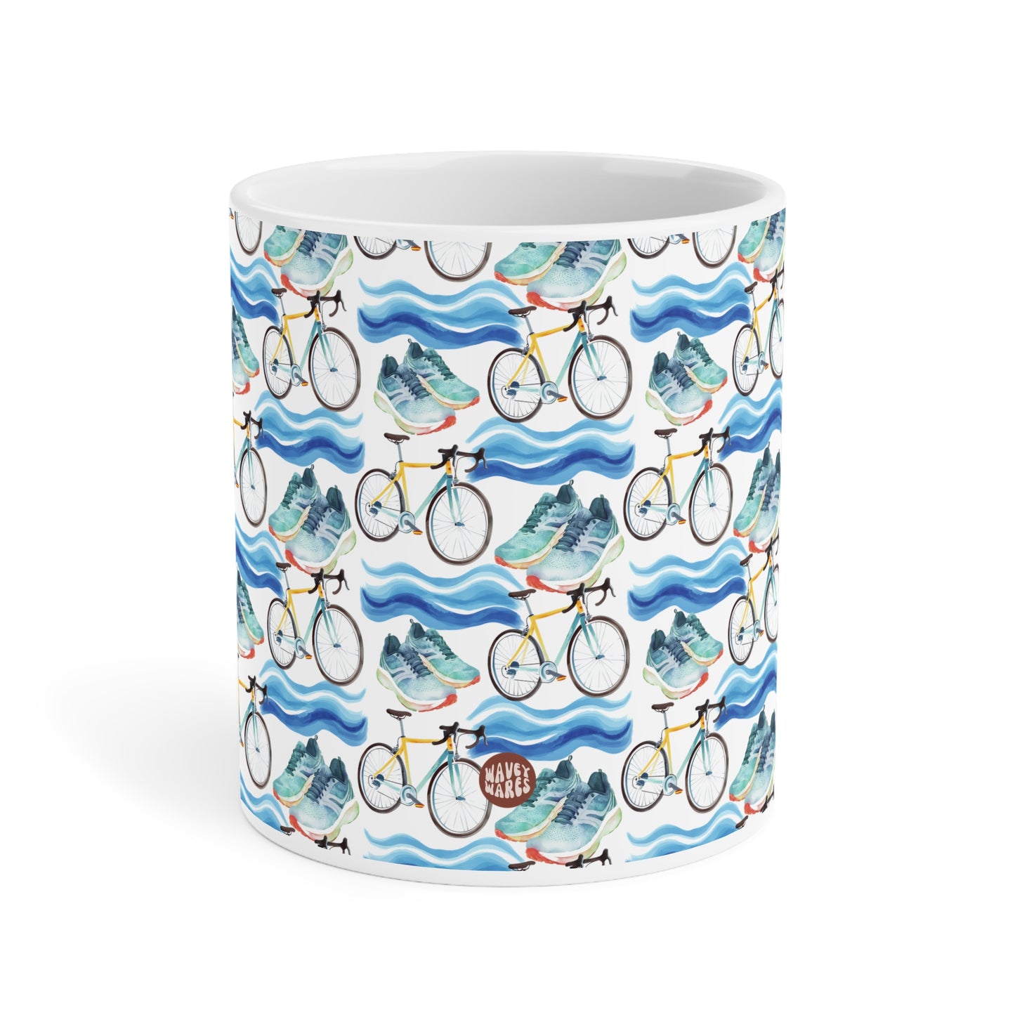 Cute Triathlon Watercolor Pattern 20oz white funny large coffee mug gift for triathlete enthusiast lover endurance multisport race swimming cycling running sporty aesthetic birthday secret santa Christmas waveywares wavey wares wavywares wavy wares side
