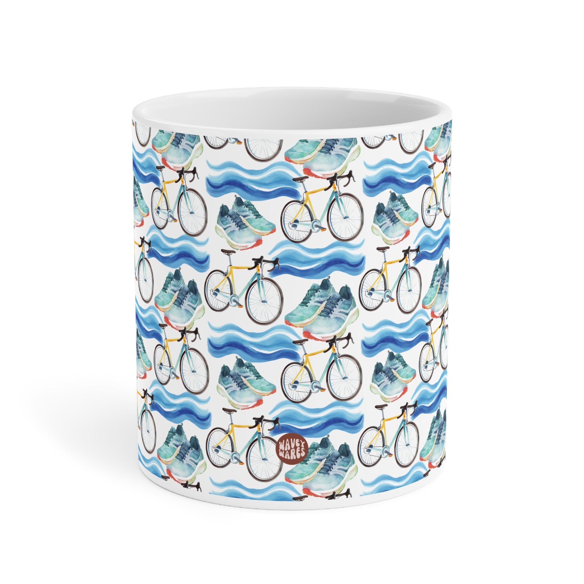 Cute Triathlon Watercolor Pattern 20oz white funny large coffee mug gift for triathlete enthusiast lover endurance multisport race swimming cycling running sporty aesthetic birthday secret santa Christmas waveywares wavey wares wavywares wavy wares side