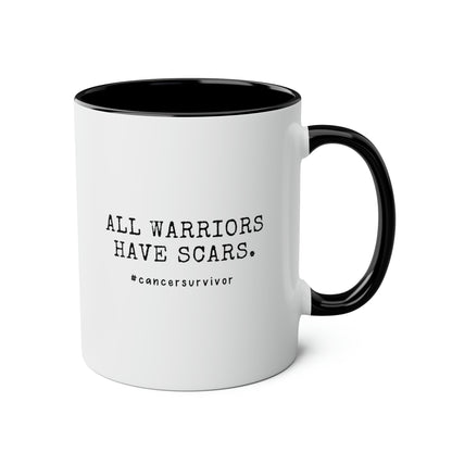 All Warriors Have Scars 11oz white with black accent funny large coffee mug gift for breast cancer survivor her motivational inspirational pink october waveywares wavey wares wavywares wavy wares