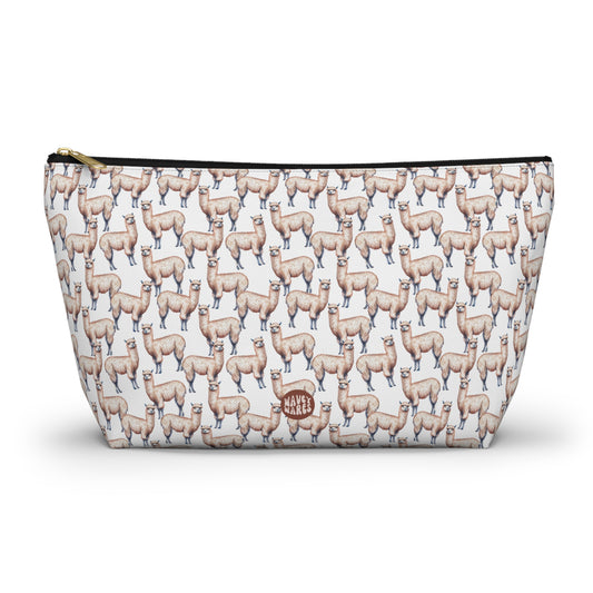 Cute Alpacas Pattern T Bottom white travel zip bag gift for alpaca farm south american camelid mammal herd animal lover fluffy aesthetic birthday secret santa Christmas toiletry cosmetic drugs storage case accessory pouch makeup pencil waveywares wavey wares wavywares wavy wares