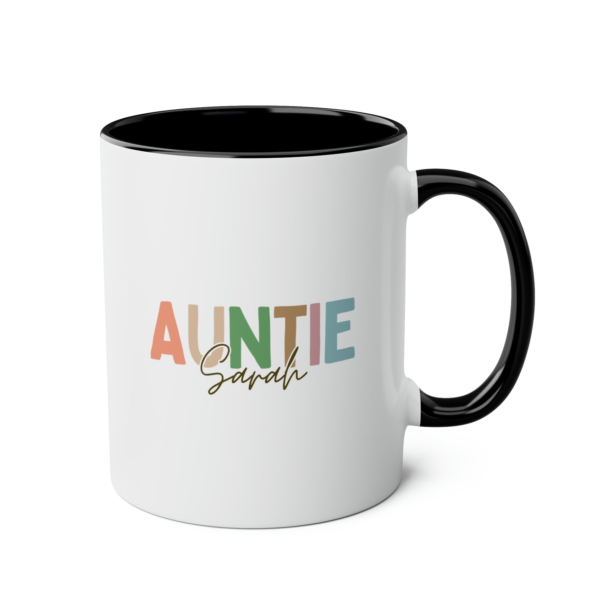 Auntie Name 11oz white with black accent funny large coffee mug gift for aunt mothers day birthday cool fun funtie custom name personalize waveywares wavey wares wavywares wavy wares