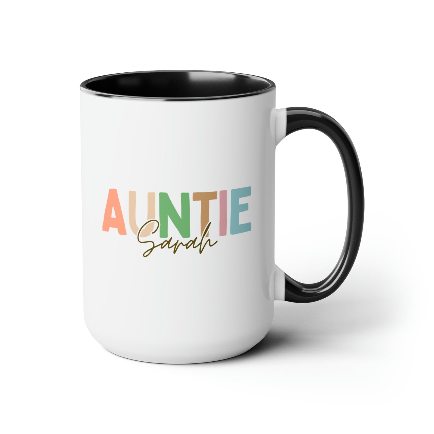 Auntie Name 15oz white with black accent funny large coffee mug gift for aunt mothers day birthday cool fun funtie custom name personalize waveywares wavey wares wavywares wavy wares