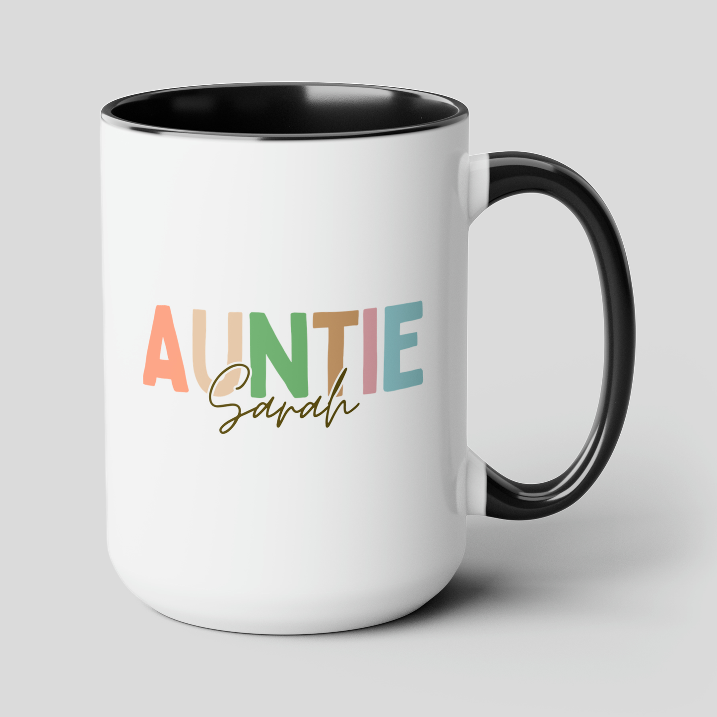 Auntie Name 15oz white with black accent funny large coffee mug gift for aunt mothers day birthday cool fun funtie custom name personalize waveywares wavey wares wavywares wavy wares cover