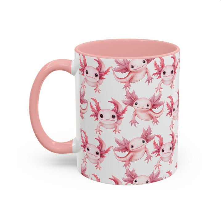 Cute Weird Axolotl Watercolor Pattern 11oz white with pink accent funny large coffee mug gift for animal lover secret santa birthday Christmas waveywares wavey wares wavywares wavy wares