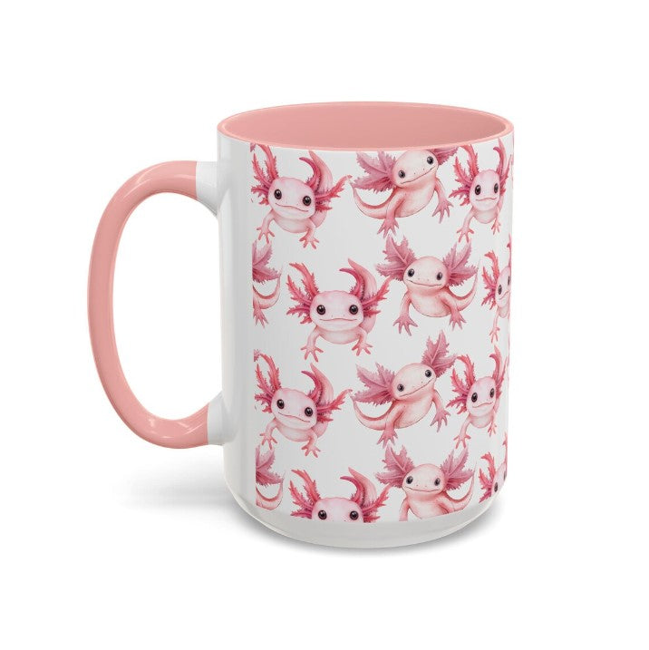 Cute Weird Axolotl Watercolor Pattern 15oz white with pink accent funny large coffee mug gift for animal lover secret santa birthday Christmas waveywares wavey wares wavywares wavy wares