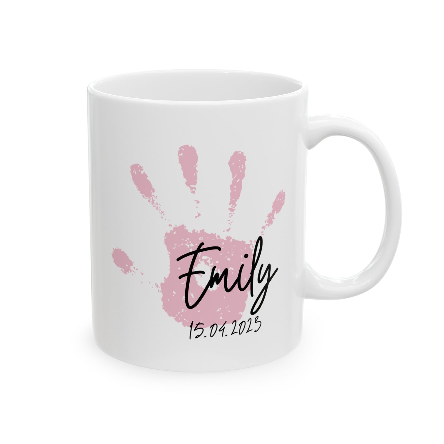 Baby Handprint 11oz white funny large coffee mug gift for mother's father's day keepsake first birthday custom name date personalize pink hand print waveywares wavey wares wavywares wavy wares