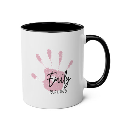 Baby Handprint 11oz white with black accent funny large coffee mug gift for mother's father's day keepsake first birthday custom name date personalize pink hand print waveywares wavey wares wavywares wavy wares