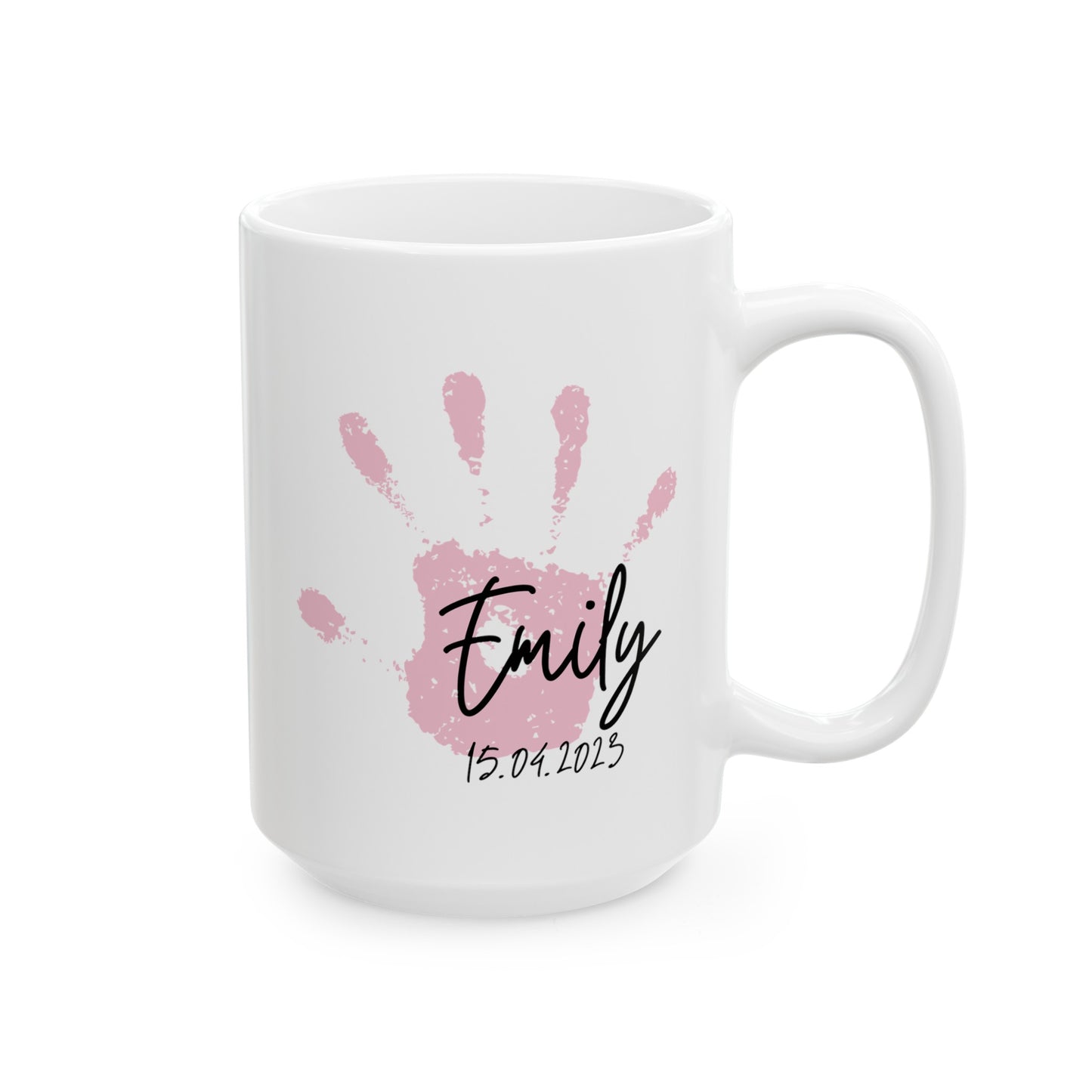 Baby Handprint 15oz white funny large coffee mug gift for mother's father's day keepsake first birthday custom name date personalize pink hand print waveywares wavey wares wavywares wavy wares