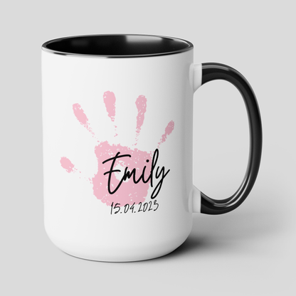 Baby Handprint 15oz white with black accent funny large coffee mug gift for mother's father's day keepsake first birthday custom name date personalize pink hand print waveywares wavey wares wavywares wavy wares cover