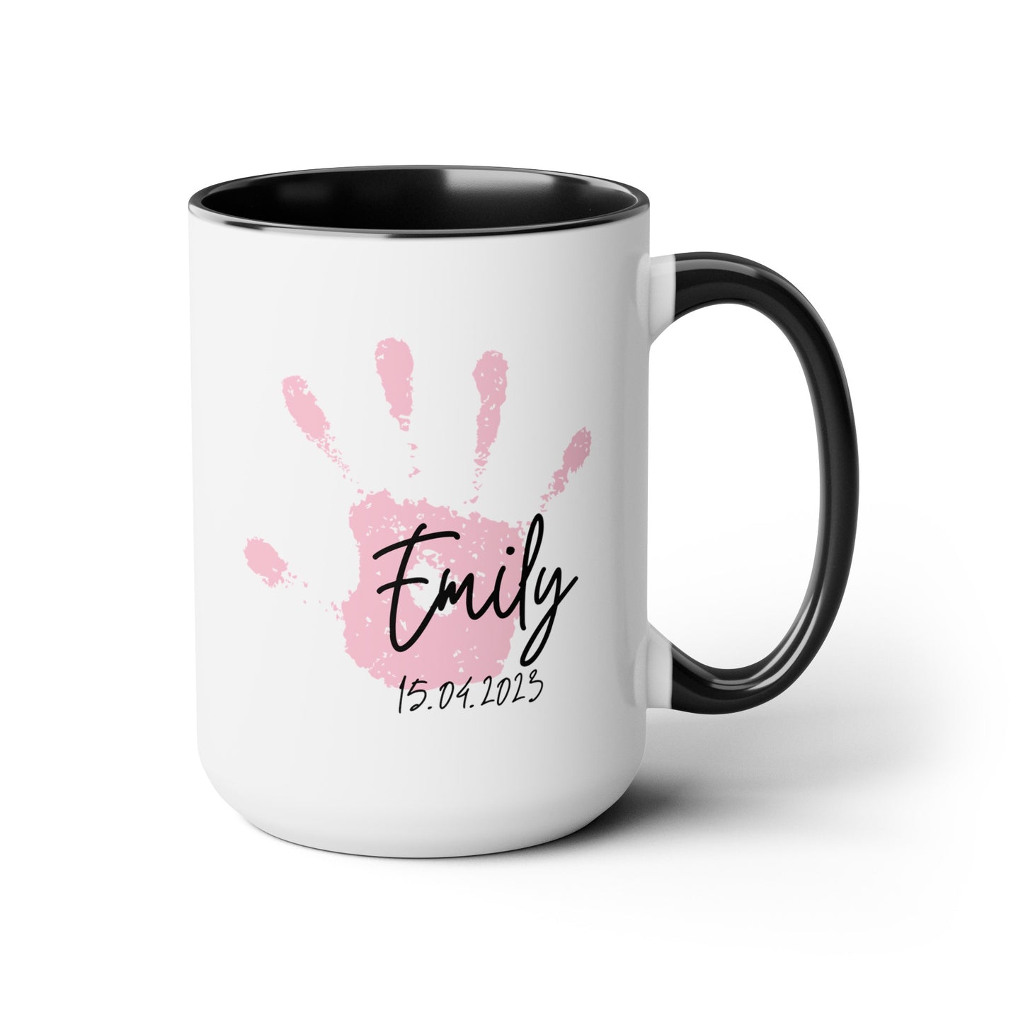 Baby Handprint 15oz white with black accent funny large coffee mug gift for mother's father's day keepsake first birthday custom name date personalize pink hand print waveywares wavey wares wavywares wavy wares