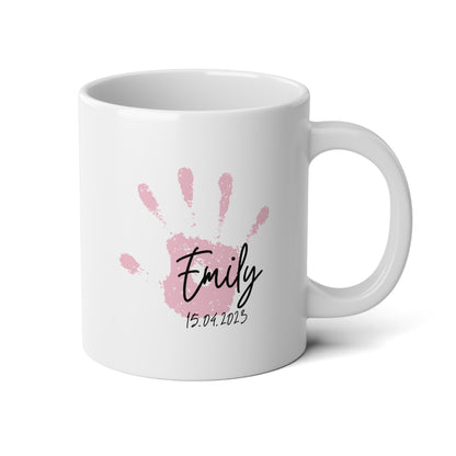 Baby Handprint 20oz white funny large coffee mug gift for mother's father's day keepsake first birthday custom name date personalize pink hand print waveywares wavey wares wavywares wavy wares