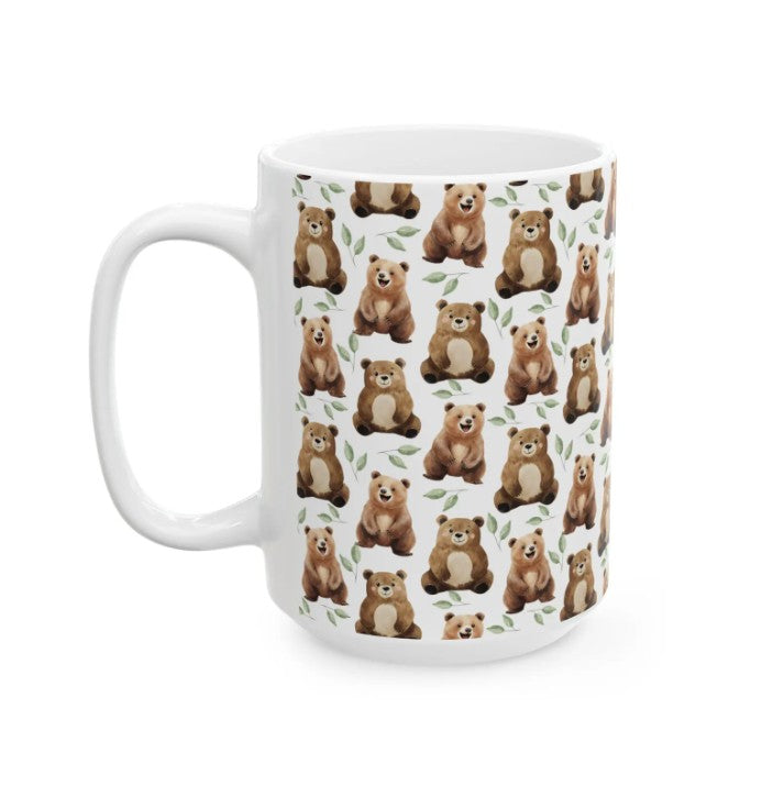 Cute Bears Watercolor Pattern 15oz white funny large coffee mug gift for Grizzly Bear fan Brown Lover furry animal enthusiast adorable birthday secret santa Christmas waveywares wavey wares wavywares wavy wares