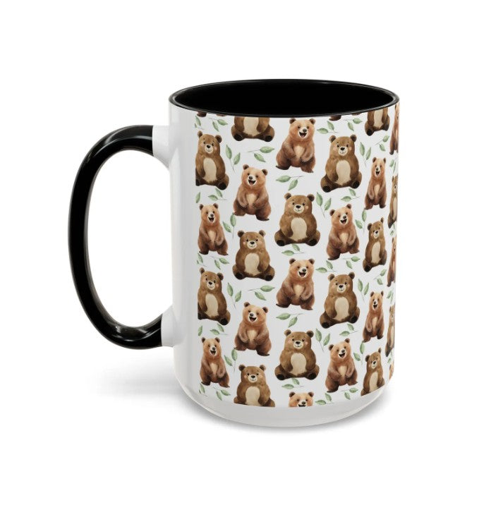 Cute Bears Watercolor Pattern 15oz white with black accent funny large coffee mug gift for Grizzly Bear fan Brown Lover furry animal enthusiast adorable birthday secret santa Christmas waveywares wavey wares wavywares wavy wares