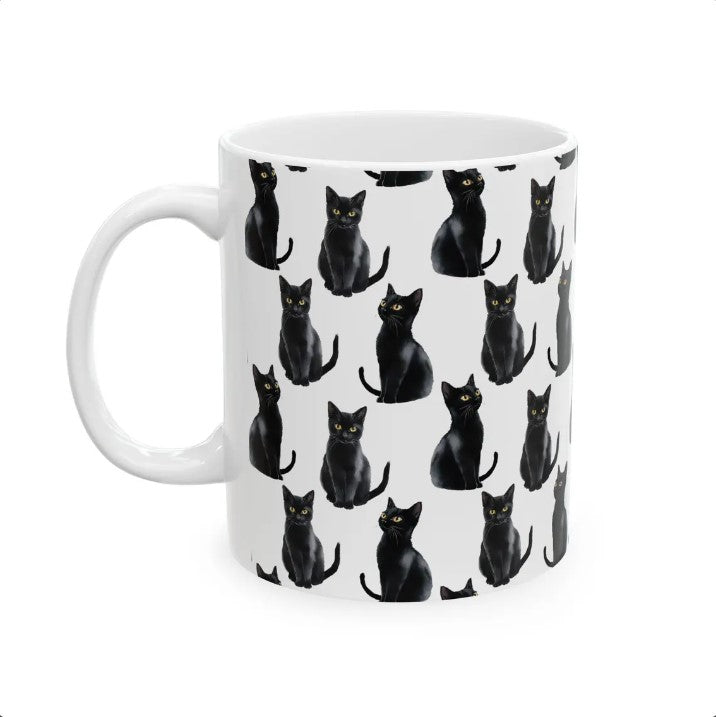 Cute Black Cats Watercolor Pattern 11oz white funny large coffee mug gift for feline lover mom dad furparent owner animal aesthetic birthday secret santa Christmas waveywares wavey wares wavywares wavy wares