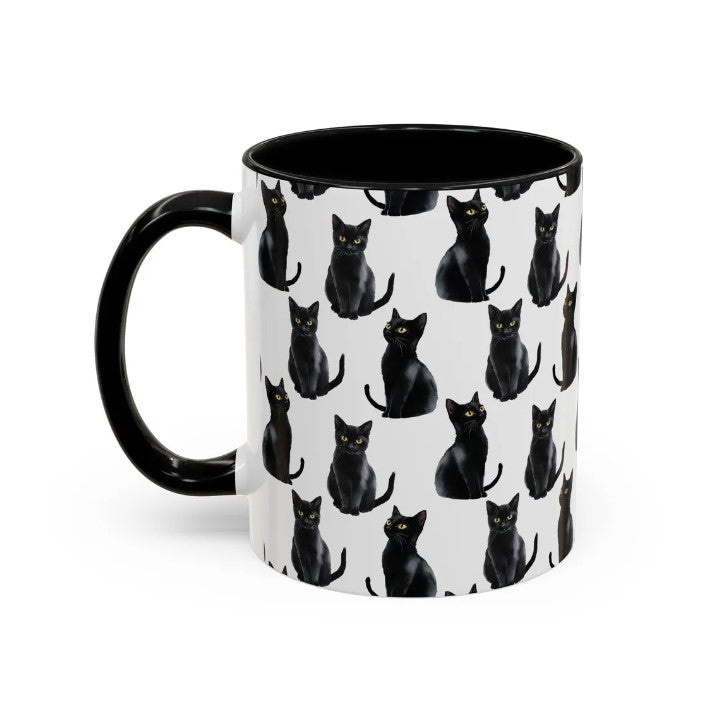 Cute Black Cats Watercolor Pattern 11oz white with black accent funny large coffee mug gift for feline lover mom dad furparent owner animal aesthetic birthday secret santa Christmas waveywares wavey wares wavywares wavy wares