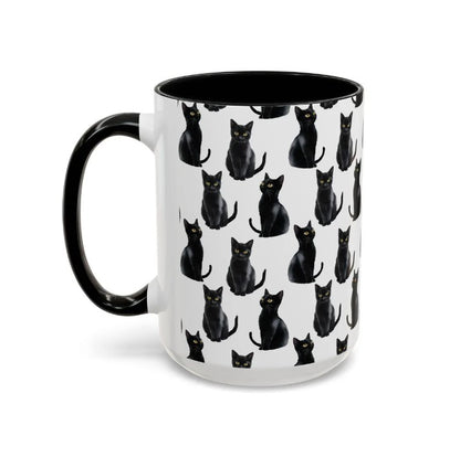 Cute Black Cats Watercolor Pattern 15oz white with black accent funny large coffee mug gift for feline lover mom dad furparent owner animal aesthetic birthday secret santa Christmas waveywares wavey wares wavywares wavy wares