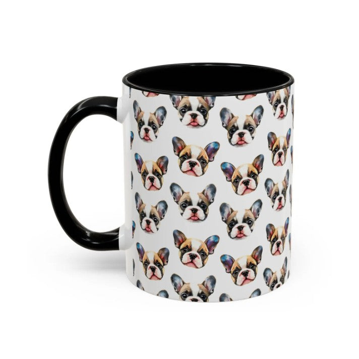 Cute Bulldog Watercolor Pattern 11oz white with black accent funny large coffee mug gift for Bull Dog Owner Lover Mom Dad Puppy pet birthday secret santa Christmas waveywares wavey wares wavywares wavy wares