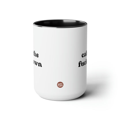 Calm The Fuck Down 15oz white with black accent funny large coffee mug gift for him her friend relax anxiety stress reliever mental health rude curse waveywares wavey wares wavywares wavy wares side