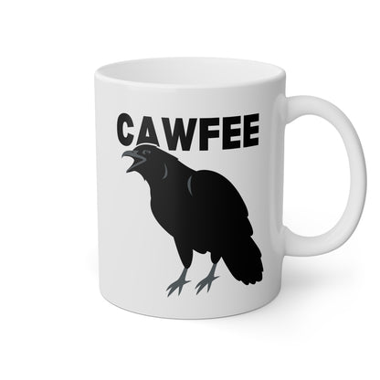 Cawfee 11oz white funny large coffee mug gift for bird lover crow art print caw pun waveywares wavey wares wavywares wavy wares