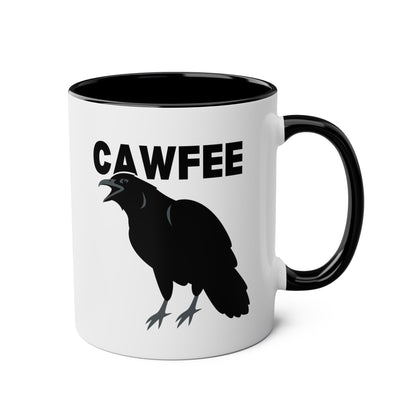 Cawfee 11oz white with black accent funny large coffee mug gift for bird lover crow art print caw pun waveywares wavey wares wavywares wavy wares