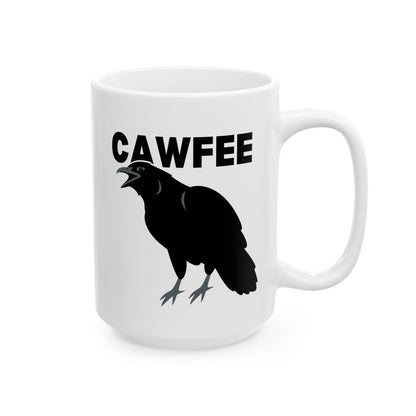 Cawfee 15oz white funny large coffee mug gift for bird lover crow art print caw pun waveywares wavey wares wavywares wavy wares