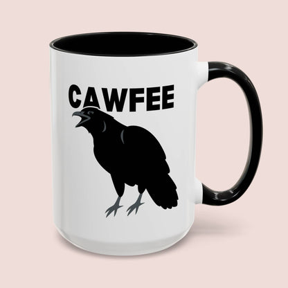 Cawfee 15oz white with black accent funny large coffee mug gift for bird lover crow art print caw pun waveywares wavey wares wavywares wavy wares cover