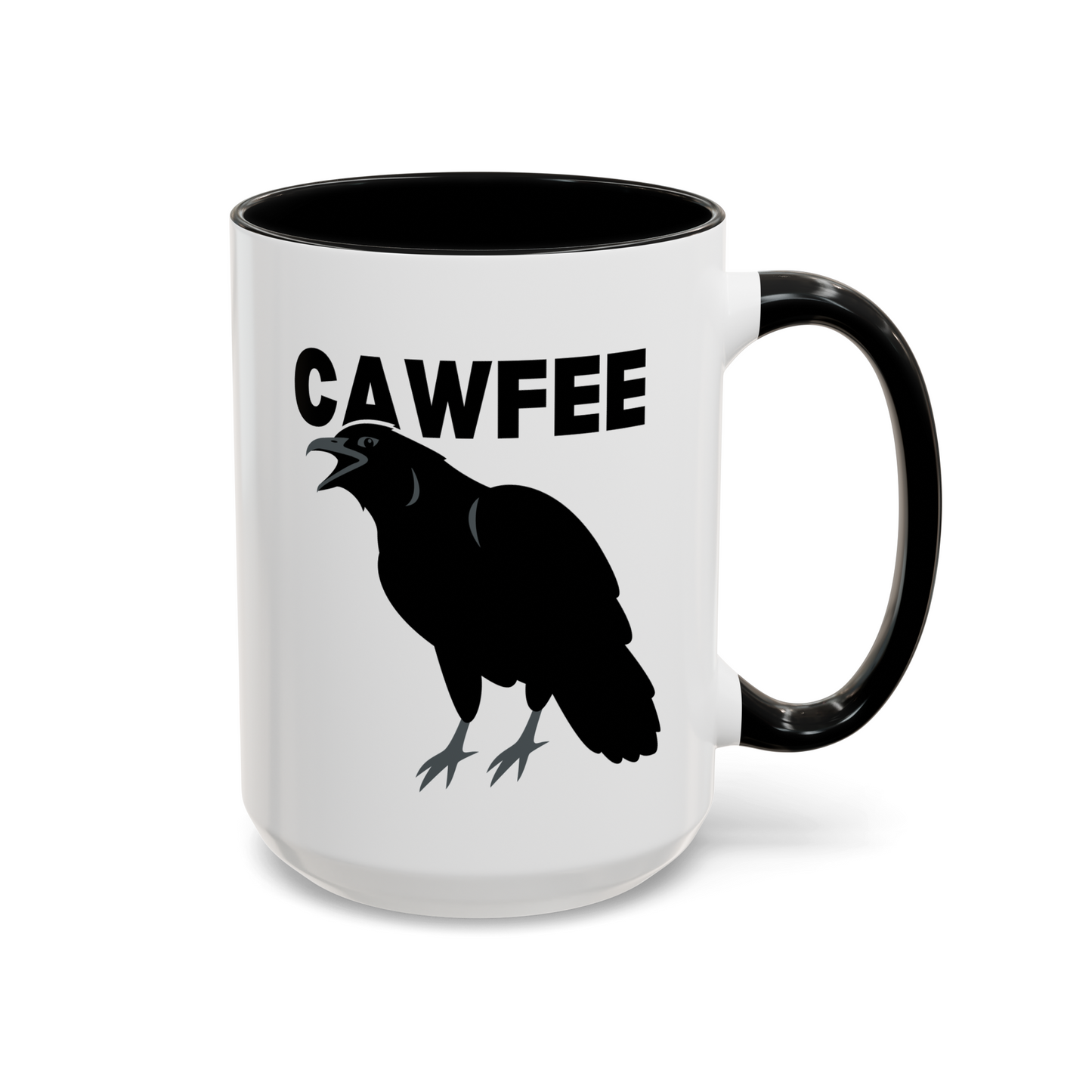 Cawfee 15oz white with black accent funny large coffee mug gift for bird lover crow art print caw pun waveywares wavey wares wavywares wavy wares