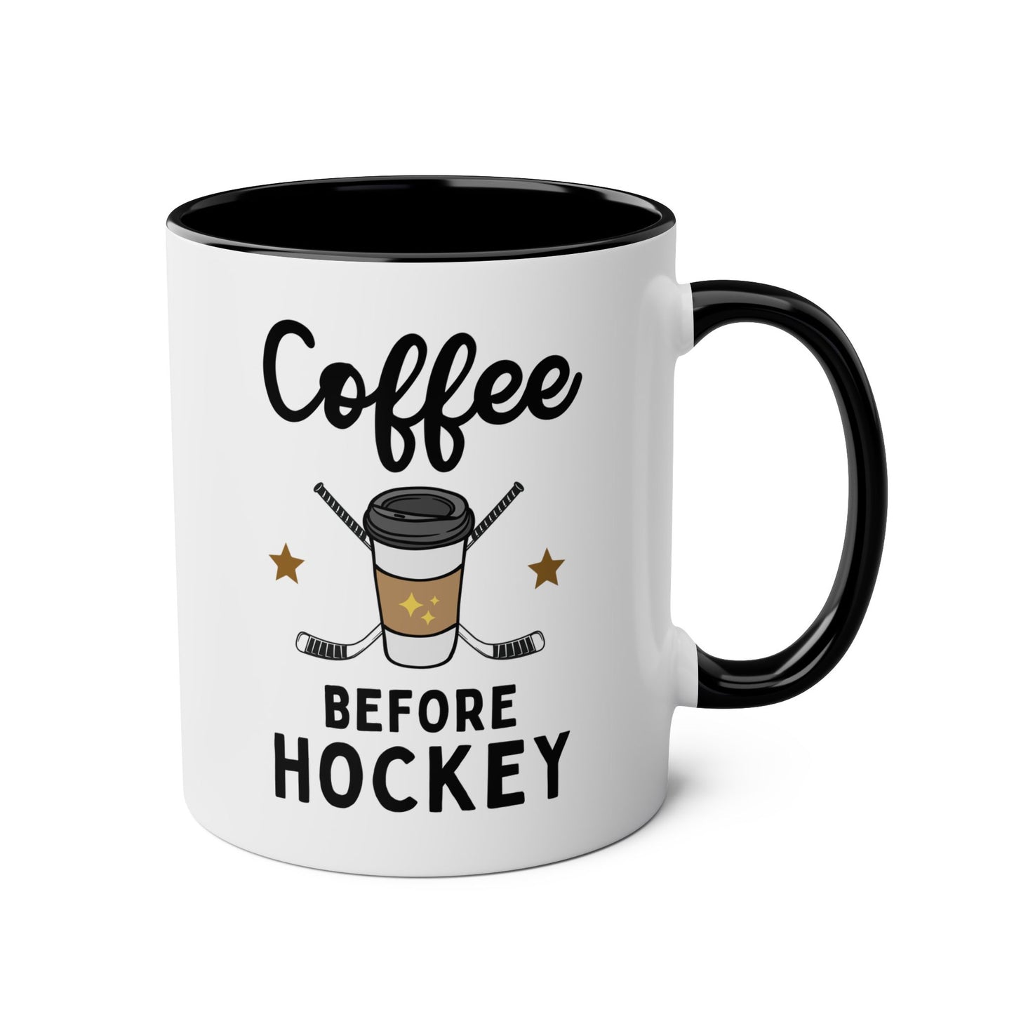 Coffee Before Hockey 11oz white with black accent funny large coffee mug gift for player lover mom quote fan sport athlete waveywares wavey wares wavywares wavy wares